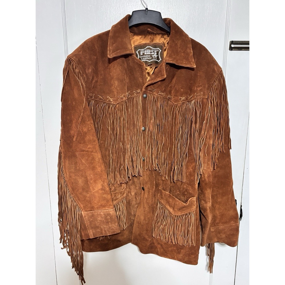 Vintage 70s 80s Suede Leather Fringe Western Cowboy Jacket Mens XL Brown Rocker